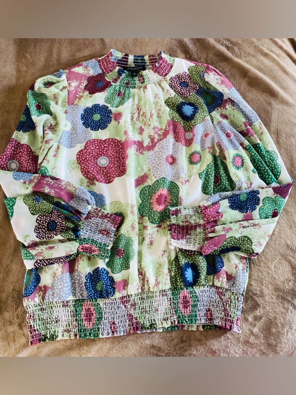 Marc New York Andrew Marc Floral Smocked Top in Green, Blue & Pink